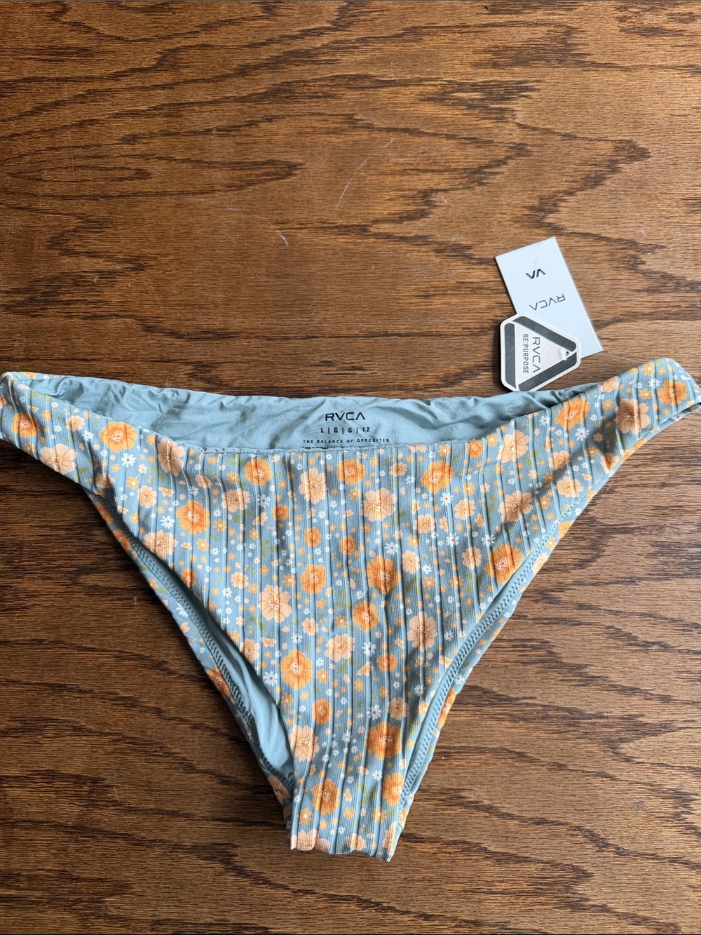 RVCA Light Blue Floral Ribbed Bikini Bottom with Orange Flowers